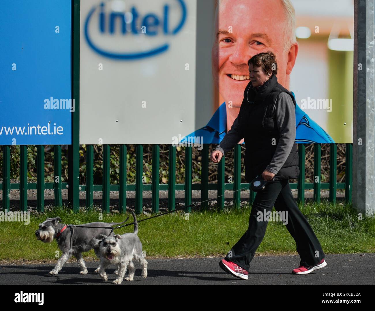 A woman walks dogs by the construction site fence of a new microchip