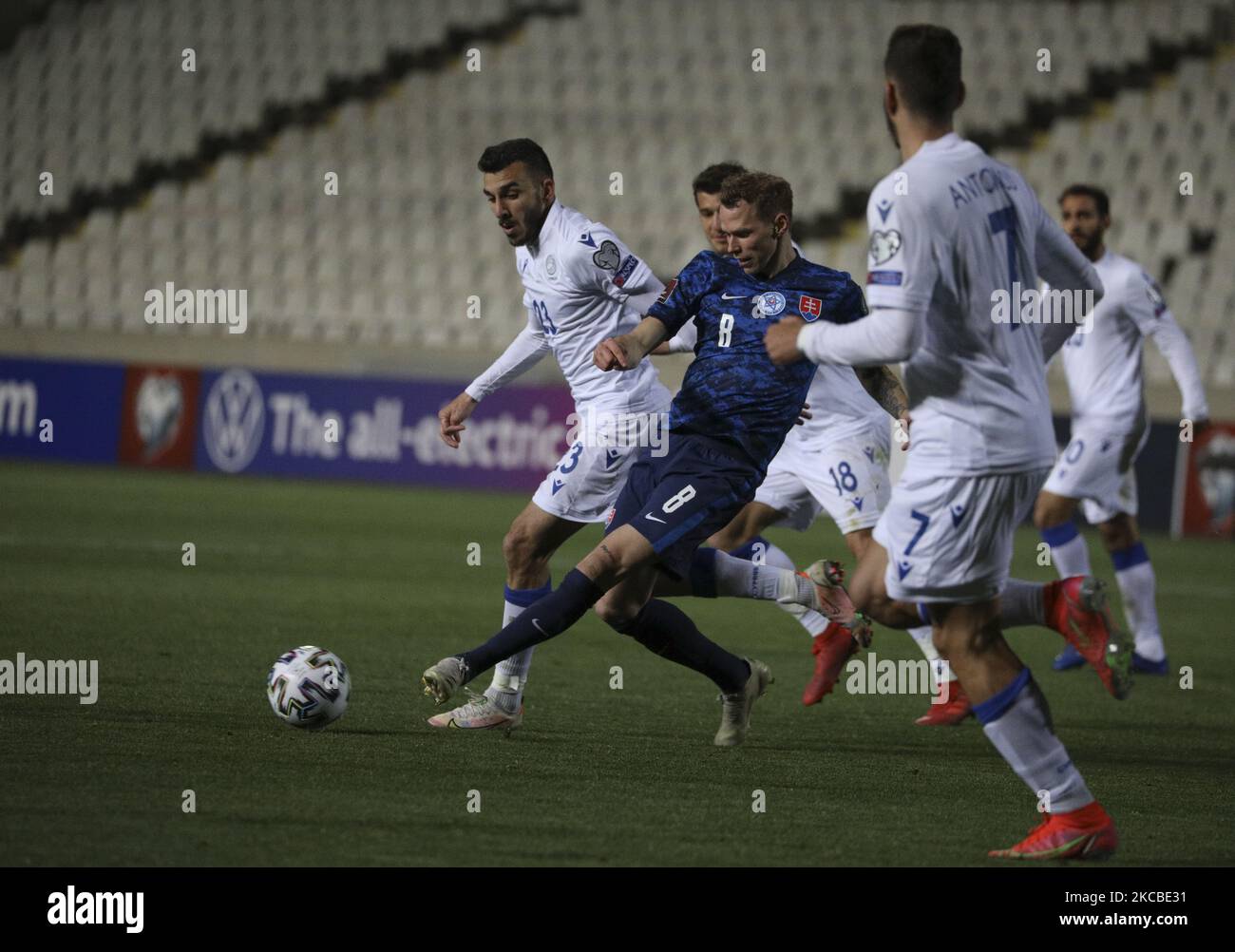 Slovakia's Ondrej Duda controls the ball during the World Cup 2022 group H qualifying soccer match between Cyprus and Slovakia at the GSP stadium in Nicosia. Cyprus, Wednesday, March 24, 2021. (Photo by Danil Shamkin/NurPhoto) Stock Photo