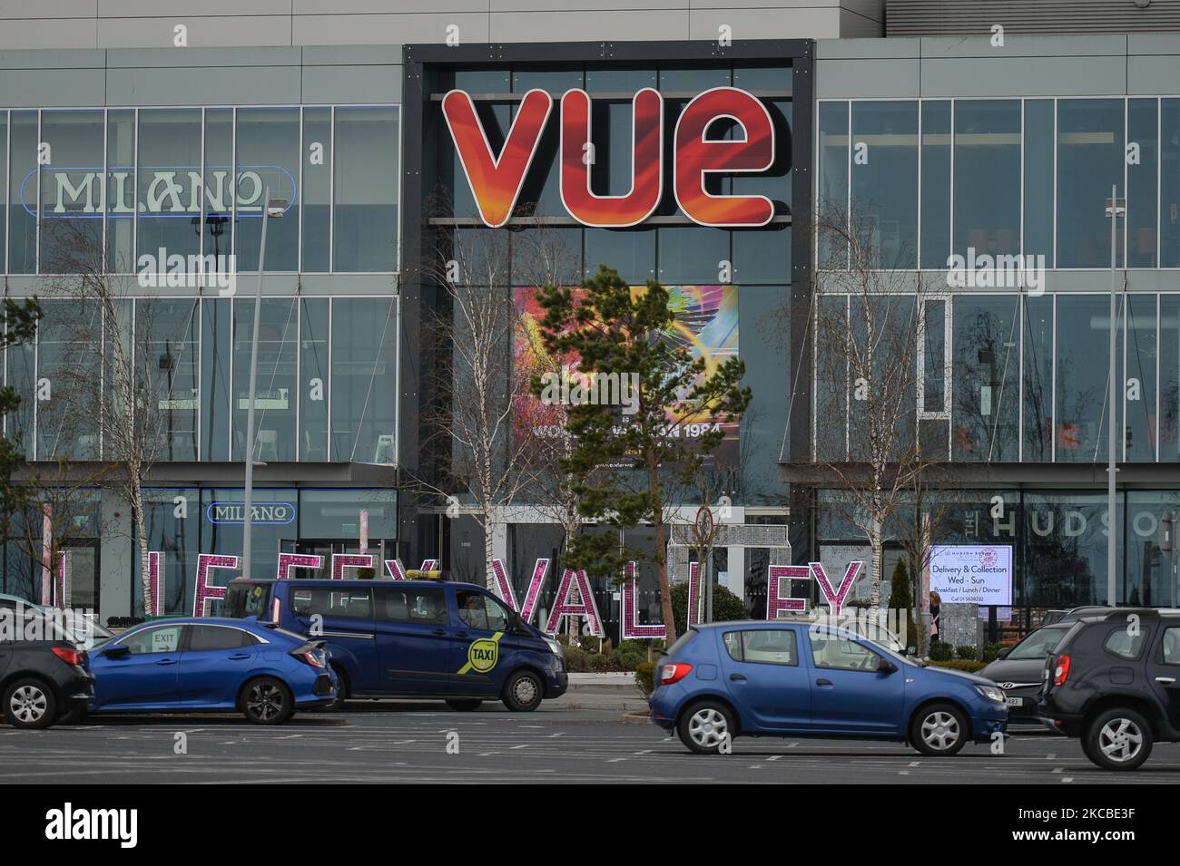 A logo of Vue cinema company, formerly SBC International Cinemas, a multinational cinema company seen in Liffey Valley Shopping Centre. On Wednesday, March 23, 2021, in Dublin, Ireland. (Photo by Artur Widak/NurPhoto) Stock Photo