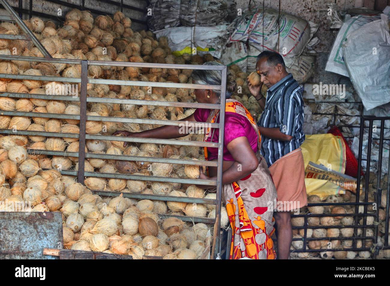 Coconuts being sold at the Chalai market in the city of Thiruvananthapuram (Trivandrum), Kerala, India. (Photo by Creative Touch Imaging Ltd./NurPhoto) Stock Photo