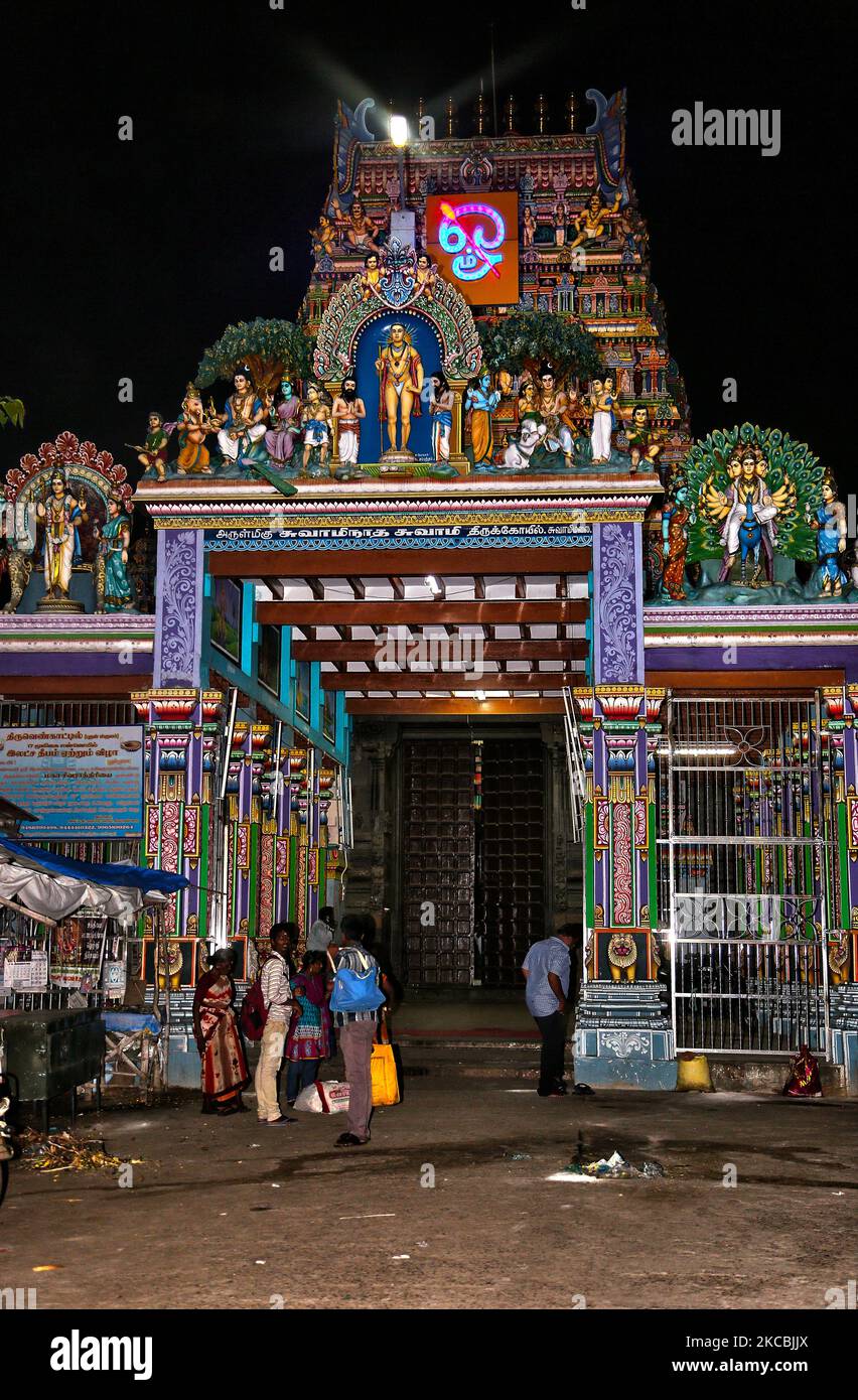 Swamimalai Murugan Temple (Arulmigu Swaminatha Swamy Temple) located in Swamimalai, Tamil Nadu, India. This ancient Hindu temple dedicated to lord Murugan and is the fourth abode of Murugan among six abodes (Arupadaiveedugal) of Lord Murugan. As per Hindu legend, Muruga, the son of Shiva, extolled the meaning of the Pranava Mantra (Om) to his father at this place and hence attained the name Swaminathaswamy. The temple is believed to be in existence from the Sangam period from 2nd century BC and was believed to have been modified and rebuilt by Parantaka Chola I. The temple was greatly damaged  Stock Photo