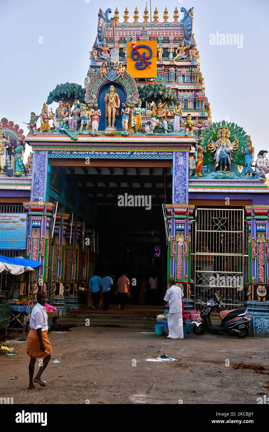 Swamimalai Murugan Temple (Arulmigu Swaminatha Swamy Temple) located in Swamimalai, Tamil Nadu, India. This ancient Hindu temple dedicated to lord Murugan and is the fourth abode of Murugan among six abodes (Arupadaiveedugal) of Lord Murugan. As per Hindu legend, Muruga, the son of Shiva, extolled the meaning of the Pranava Mantra (Om) to his father at this place and hence attained the name Swaminathaswamy. The temple is believed to be in existence from the Sangam period from 2nd century BC and was believed to have been modified and rebuilt by Parantaka Chola I. The temple was greatly damaged  Stock Photo
