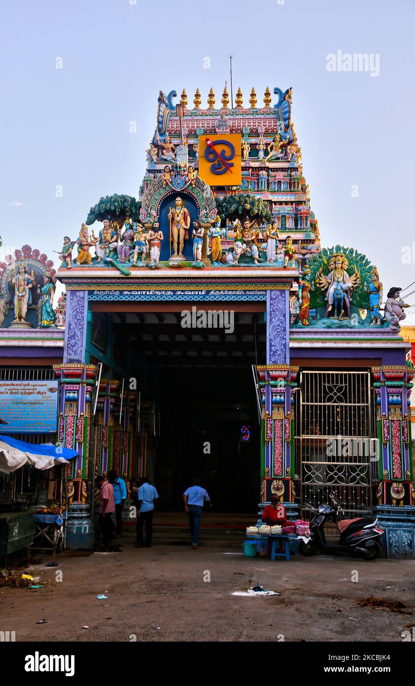 Swamimalai Murugan Temple (Arulmigu Swaminatha Swamy Temple) located in Swamimalai, Tamil Nadu, India. This ancient Hindu temple dedicated to lord Murugan and is the fourth abode of Murugan among six abodes (Arupadaiveedugal) of Lord Murugan. As per Hindu legend, Muruga, the son of Shiva, extolled the meaning of the Pranava Mantra (Om) to his father at this place and hence attained the name Swaminathaswamy. The temple is believed to be in existence from the Sangam period from 2nd century BC and was believed to have been modified and rebuilt by Parantaka Chola I. The temple was greatly damaged  Stock Photo