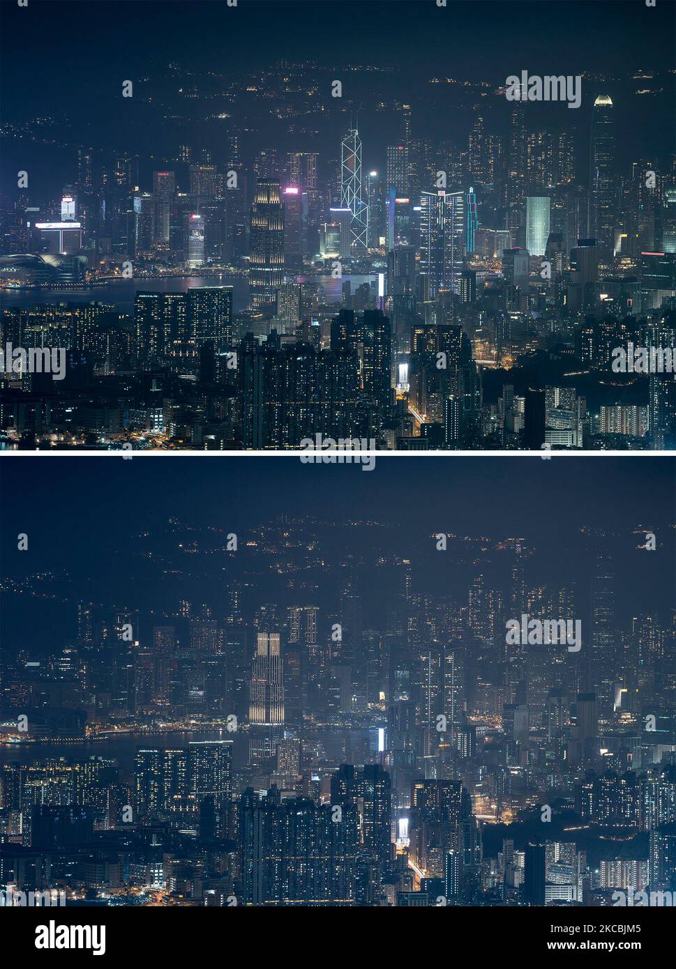 This combination of pictures created on March 27, 2021 shows a General view of the Hong Kong Skyline with lights on (upper ) and A General view of the Hong Kong Skyling with Lights off (under) in Hong Kong, Saturday, 27 March, 2021. Today some buildings in Hong Kong will close their lights for an hour for the Earth Hour environmental campaign. (Photo by Vernon Yuen/NurPhoto) Stock Photo