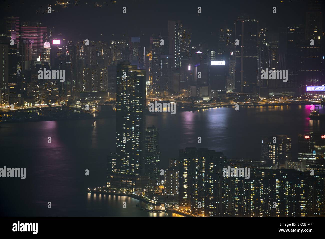 Advertising boards which are turned off are seen near Victoria Harbour in Hong Kong, Saturday, 27 March, 2021. Today some buildings in Hong Kong will close their lights for an hour for the Earth Hour environmental campaign. (Photo by Vernon Yuen/NurPhoto) Stock Photo