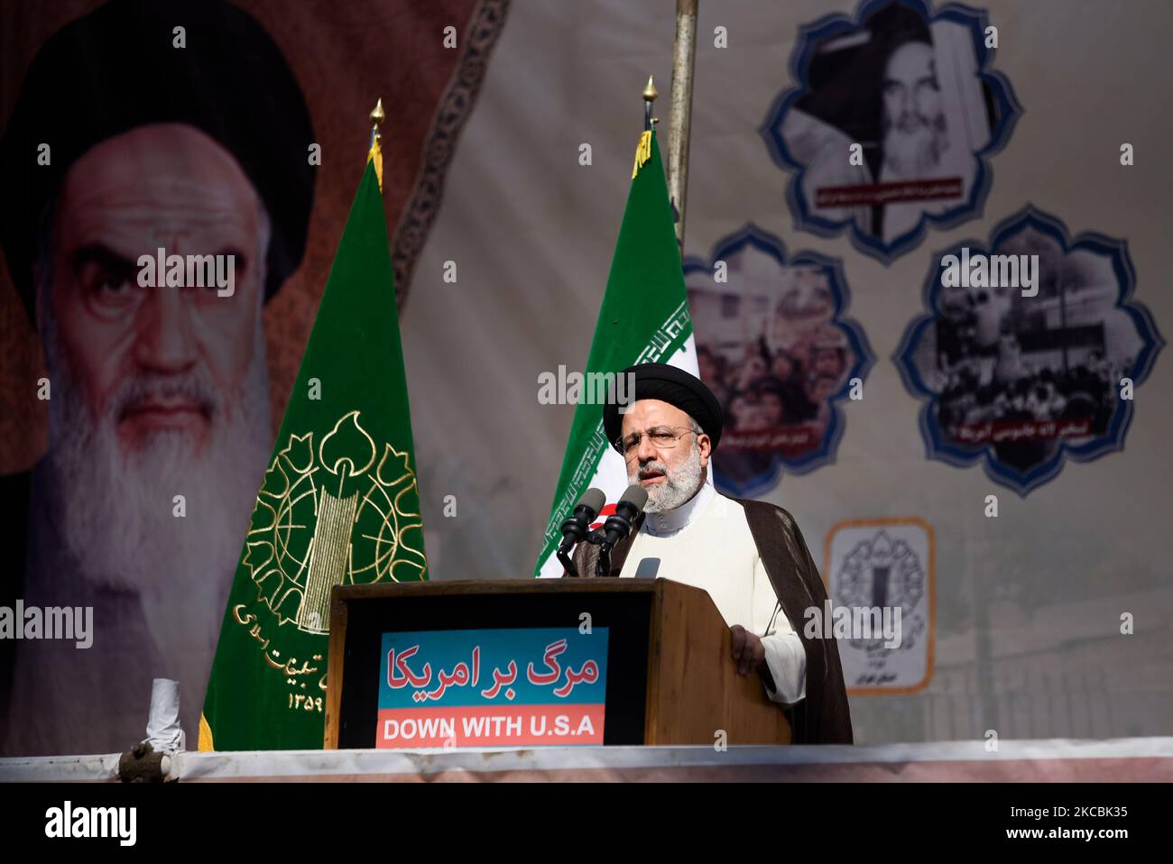 Tehran, Iran. 04th Nov, 2022. Iranian President Ebrahim Raisi addresses the crowd during an annual demonstration in front of the former U.S. Embassy in Tehran, Iran, Friday, Nov. 4, 2022. Iran on Friday marked the 1979 takeover of the U.S. Embassy in Tehran as its theocracy faces nationwide protests after the death of a 22-year-old woman earlier arrested by the country's morality police. (Photo by Sobhan Farajvan/Pacific Press) Credit: Pacific Press Media Production Corp./Alamy Live News Stock Photo