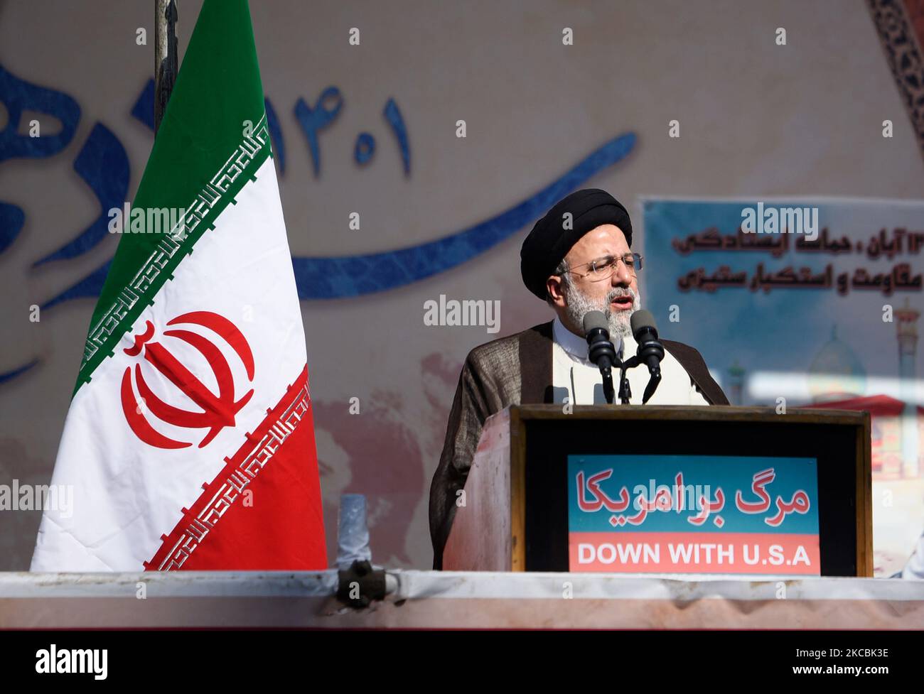 Tehran, Iran. 04th Nov, 2022. Iranian President Ebrahim Raisi addresses the crowd during an annual demonstration in front of the former U.S. Embassy in Tehran, Iran, Friday, Nov. 4, 2022. Iran on Friday marked the 1979 takeover of the U.S. Embassy in Tehran as its theocracy faces nationwide protests after the death of a 22-year-old woman earlier arrested by the country's morality police. (Photo by Sobhan Farajvan/Pacific Press) Credit: Pacific Press Media Production Corp./Alamy Live News Stock Photo