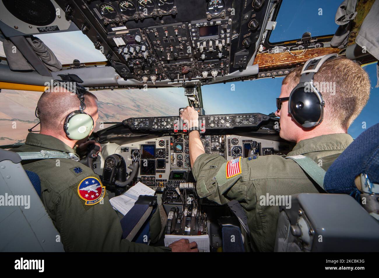Inside the cockpit of a U.S. Air Force KC-135R during a refueling mission. Stock Photo