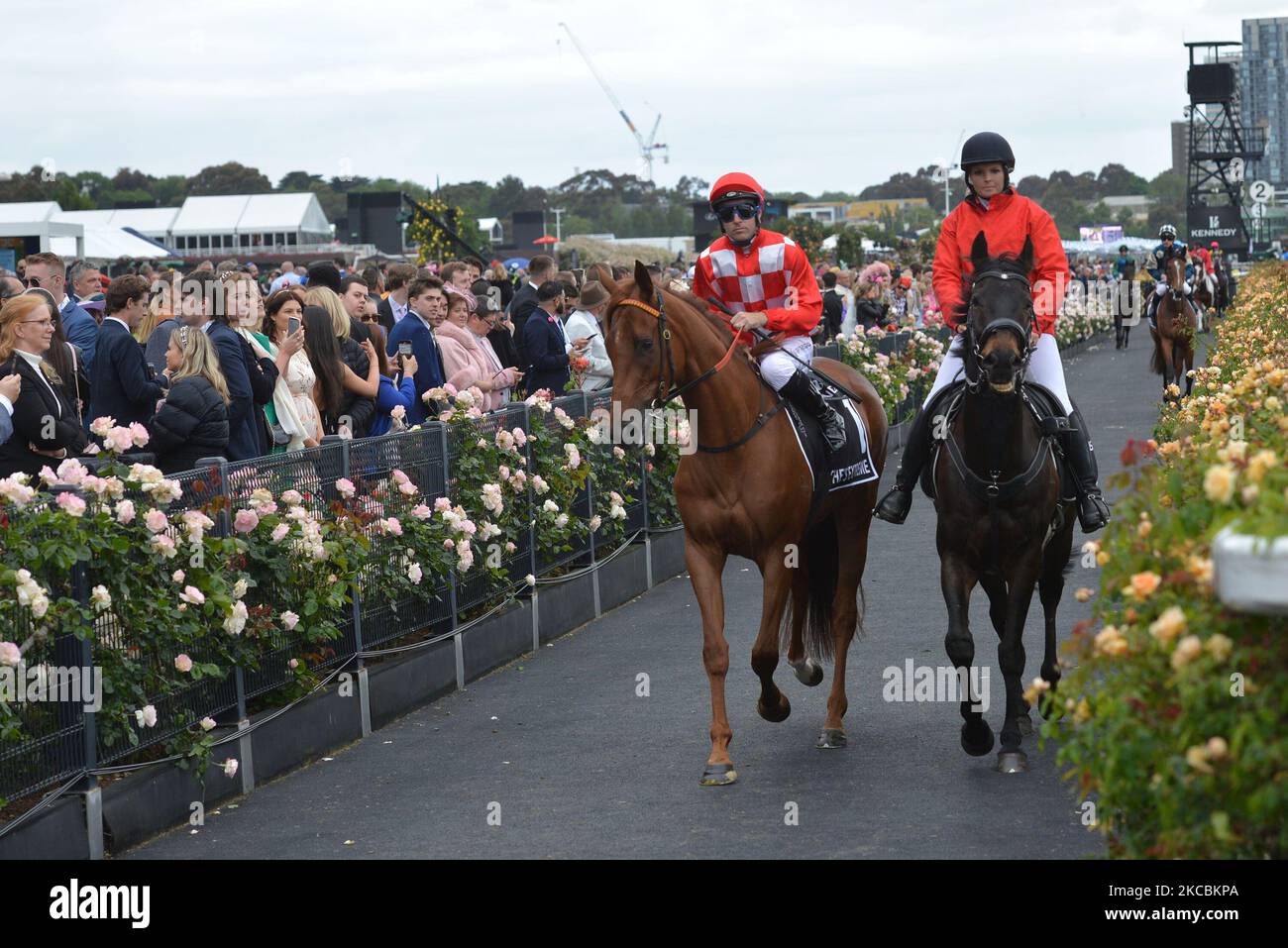 Melbourne, Australia. 03rd Nov, 2022. Jockeys and people take part during 3rd day of Melbourne
