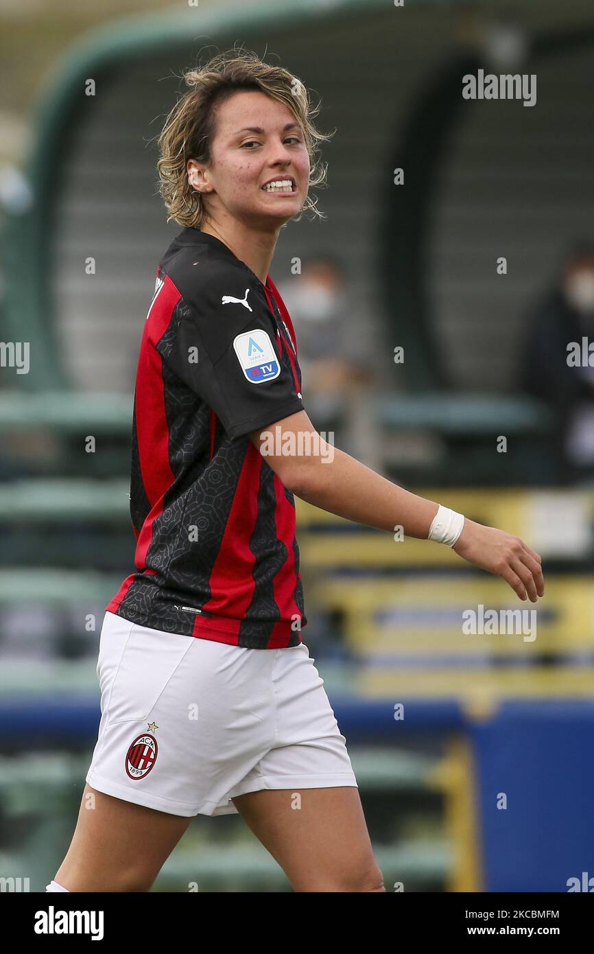 Valentina Giacinti of AC Milan reacts during the Women Serie A match between FC Internazionale and AC Milan at Suning Youth Development Centre in memory of Giacinto Facchetti on March 28, 2021 in Milan, Italy. (Photo by Giuseppe Cottini/NurPhoto) Stock Photo