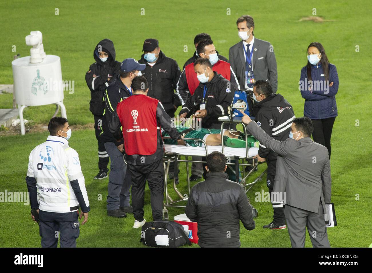 The player Walmer Pacheco of Equidad FC is injured on a stretcher during the first leg match as part of the 2021 CONMEBOL South American Cup between La Equidad FC and Deportivo Pasto from Colombia played at the El Campin stadium in the city of Bogota, Colombia, on March 19, 2021. (Photo by Daniel Garzon Herazo/NurPhoto) Stock Photo