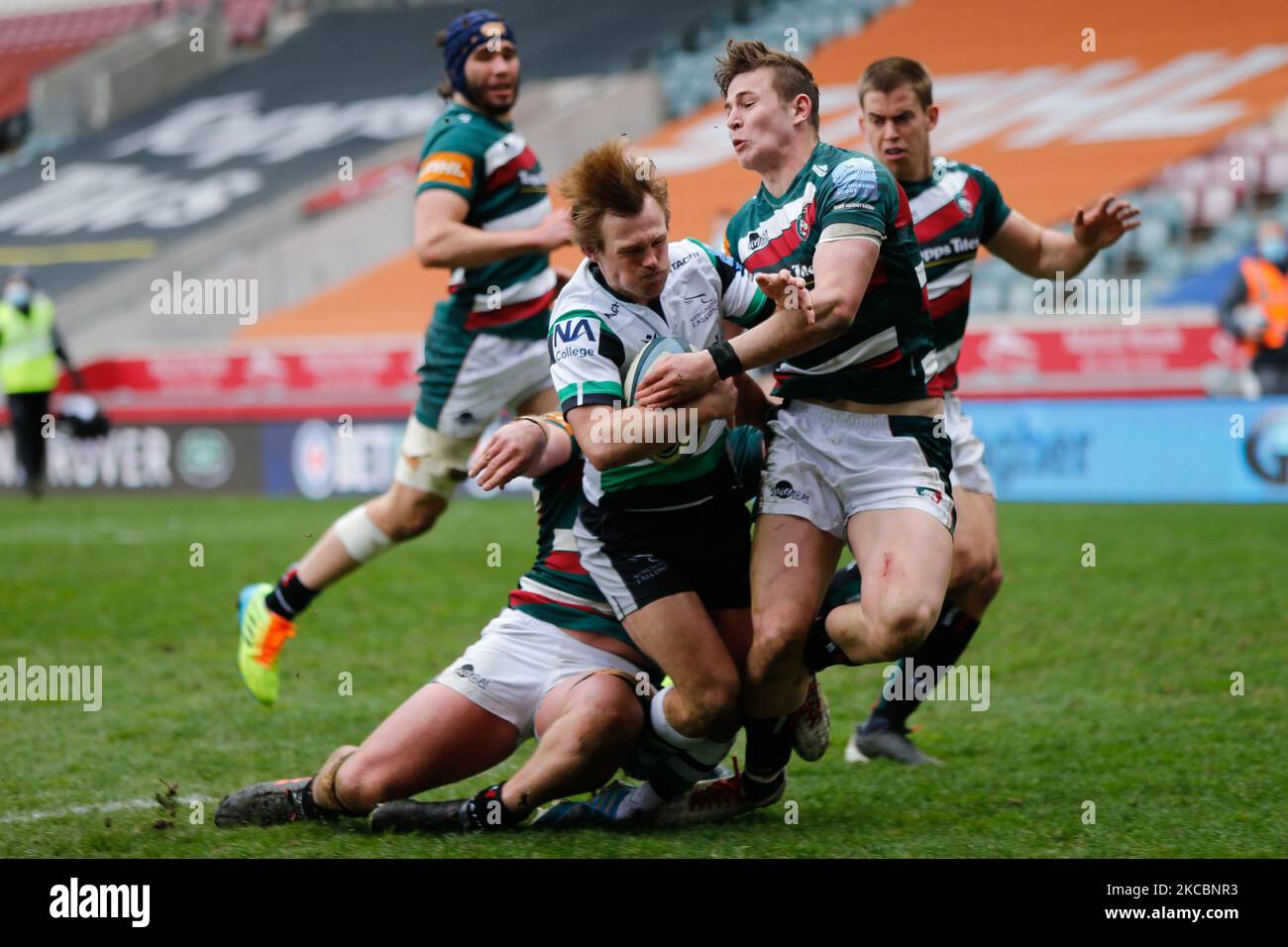 Sam Staurt scores The Falcons second try during the Gallagher Premiership match between Leicester Tigers and Newcastle Falcons at Welford Road, Leicester, Engalnd on 28th March 2021. (Photo by Chris Lishman/MI News/NurPhoto) Stock Photo