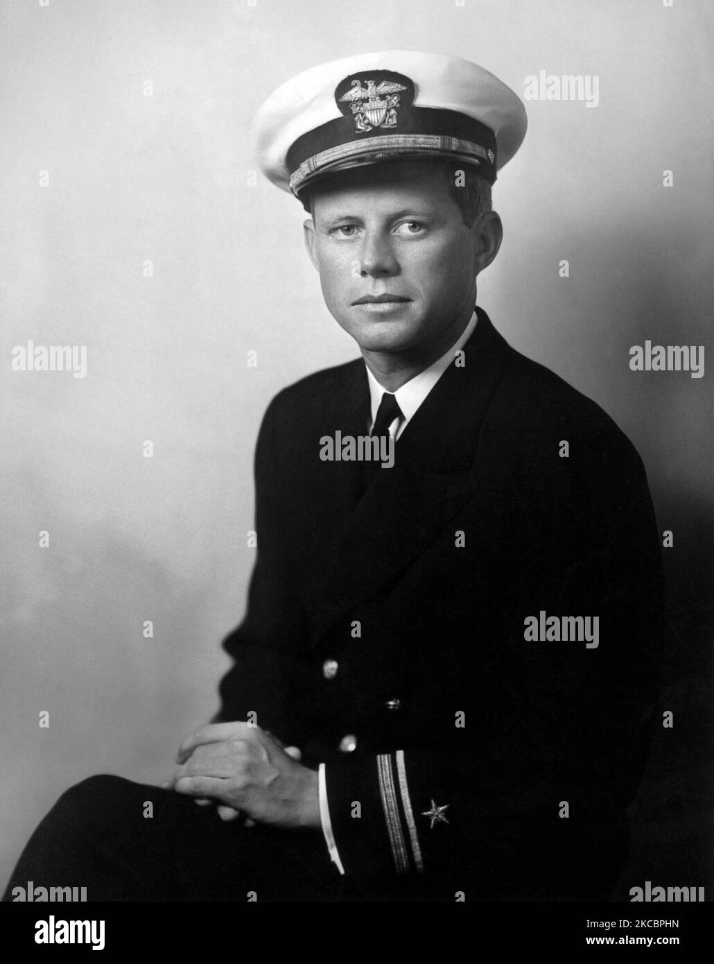 Portrait of John F. Kennedy dressed in his Navy uniform. Circa 1942. Stock Photo