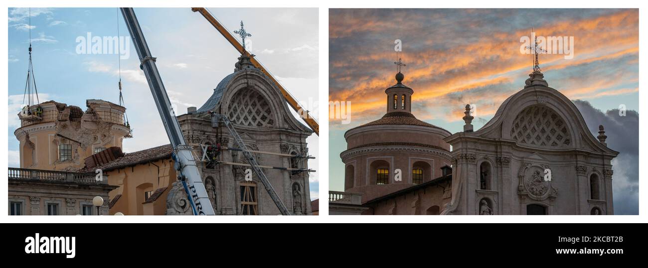 (EDITORS PLEASE NOTE: COMPOSITE IMAGE) This composite image shows the rebuilt Santa Maria del Suffragio Church in L'Aquila (Left - Picture taken on May 4, 2009) - (Right, picture taken on December 19, 2019). The 12th anniversary of the L'Aquila earthquake will be marked on 06 April 2021, commemorating the deaths of nearly 300 people when the quake devastated the city of L'Aquila, Italy. On Monday, April 6th of 2009, a powerful earthquake measuring 5.8 on the Richter scale shook the central Italian city of L'Aquila and its surrounding villages. (Photo by Lorenzo Di Cola/NurPhoto) Stock Photo