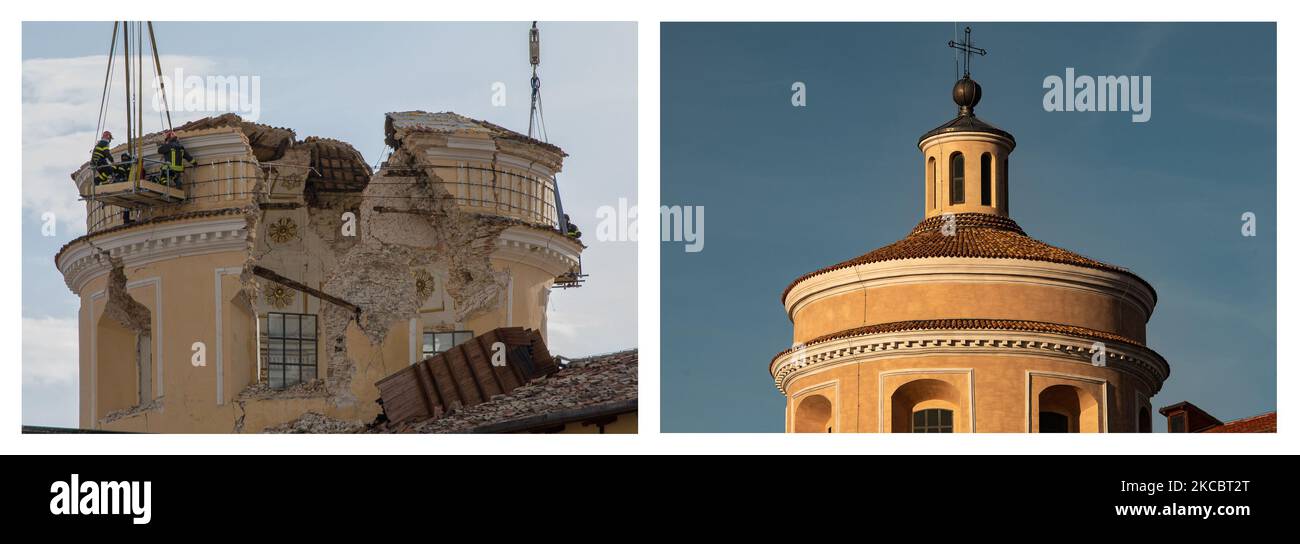 (EDITORS PLEASE NOTE: COMPOSITE IMAGE) This composite image shows the rebuilt dome of Santa Maria del Suffragio Church in L'Aquila (Left - Picture taken on May 4, 2009) - (Right, picture taken on March 29, 2021). The 12th anniversary of the L'Aquila earthquake will be marked on 06 April 2021, commemorating the deaths of nearly 300 people when the quake devastated the city of L'Aquila, Italy. On Monday, April 6th of 2009, a powerful earthquake measuring 5.8 on the Richter scale shook the central Italian city of L'Aquila and its surrounding villages. (Photo by Lorenzo Di Cola/NurPhoto) Stock Photo