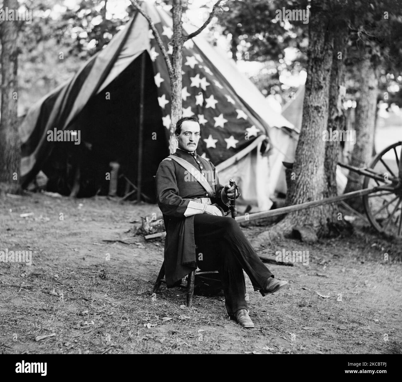 Captain Conyngham of the Irish Brigade in front of his command tent during the Civil War, 1863. Stock Photo