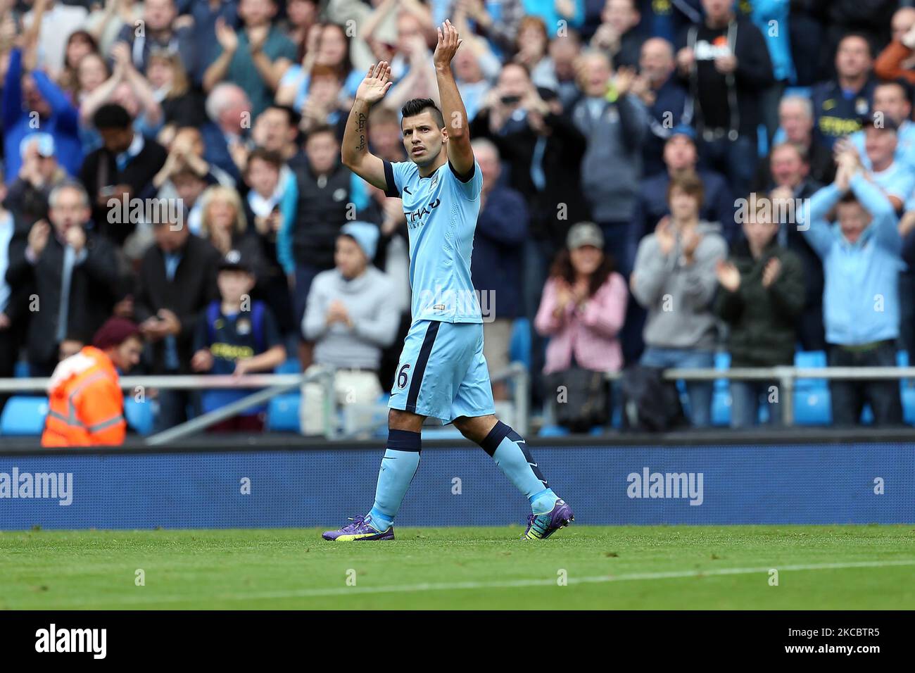 Sergio Aguero of Manchester City during Manchester City v Tottenham Hotspur Barclays Premier League. 18/10/2014 Sergio Agero of Manchester City celebrates Scoring to make it 1-0 during the Barclays Premier League match between Manchester City & Tottenham Hotspur at the Etihad Stadium in Manchester on Saturday October 18th 2014 Media Image Ltd. FA Accredited. Premier League Licence No: PL14/15/P4864. Football League Licence No: FLGE14/15/P4864. Football Conference Licence No: PCONF 217/14 Tel +44(0)7974 568 859.email andi@mediaimage.ltd.uk, 16 Bowness Avenue, Cheadle Hulme. Stockport. SK8 7HS.  Stock Photo