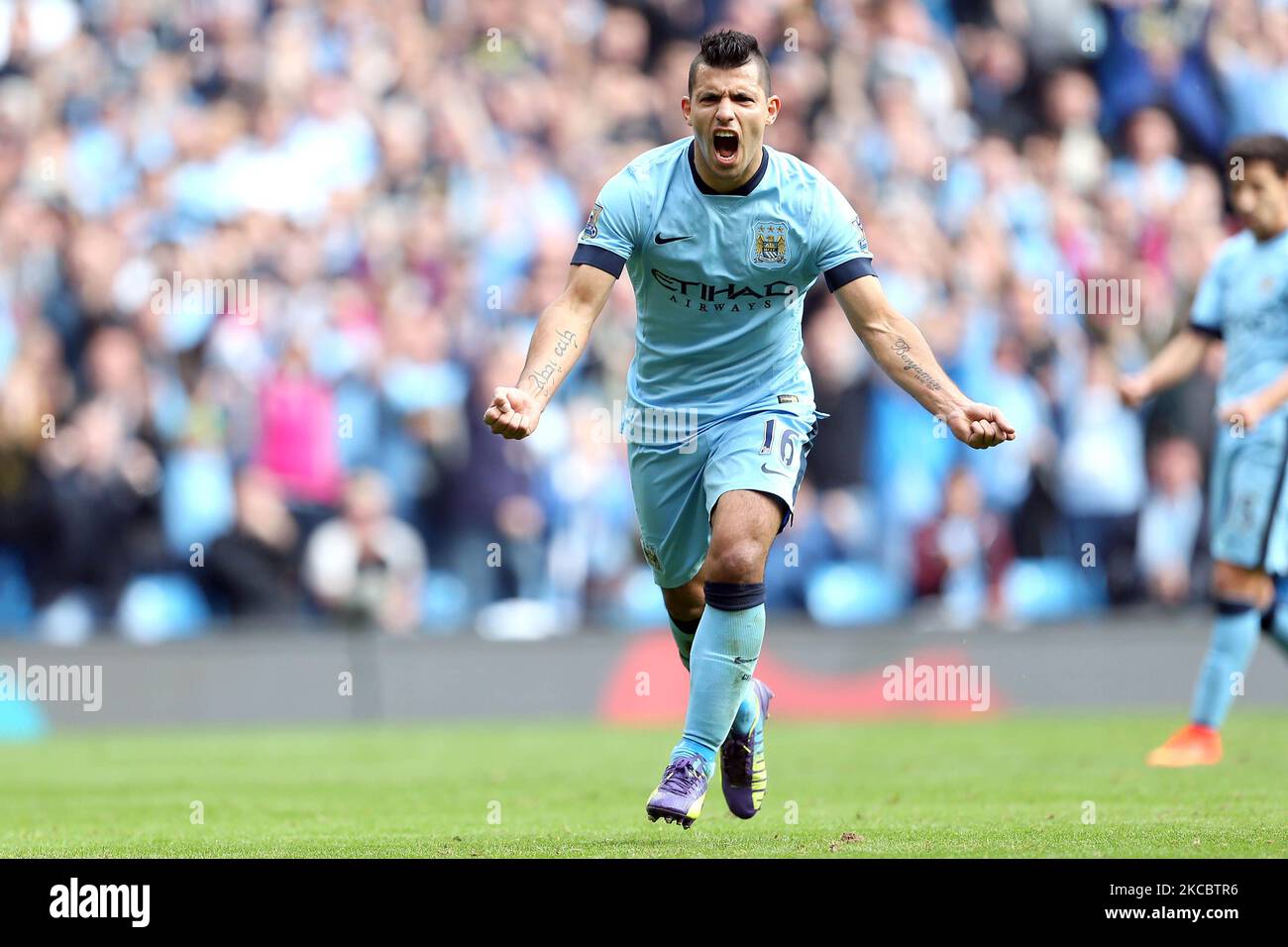 Sergio Aguero of Manchester City during Manchester City v Tottenham Hotspur Barclays Premier League. 18/10/2014 Sergio Agero of Manchester City celebrates scoring a penalty to give City a 3-1 lead during the Barclays Premier League match between Manchester City & Tottenham Hotspur at the Etihad Stadium in Manchester on Saturday October 18th 2014 Media Image Ltd. FA Accredited. Premier League Licence No: PL14/15/P4864. Football League Licence No: FLGE14/15/P4864. Football Conference Licence No: PCONF 217/14 Tel +44(0)7974 568 859.email andi@mediaimage.ltd.uk, 16 Bowness Avenue, Cheadle Hulme. S Stock Photo