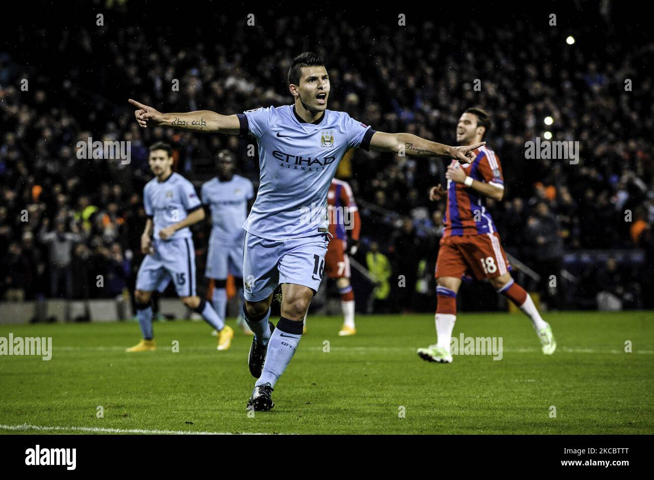 Man City forward Sergio Aguero celebrates opening during the UEFA Champions League, Group E match between Manchester City & Bayern Munich at the Etihad Stadium in Manchester on Wednesday November 25th 2014. (Photo by MI News/NurPhoto) Stock Photo