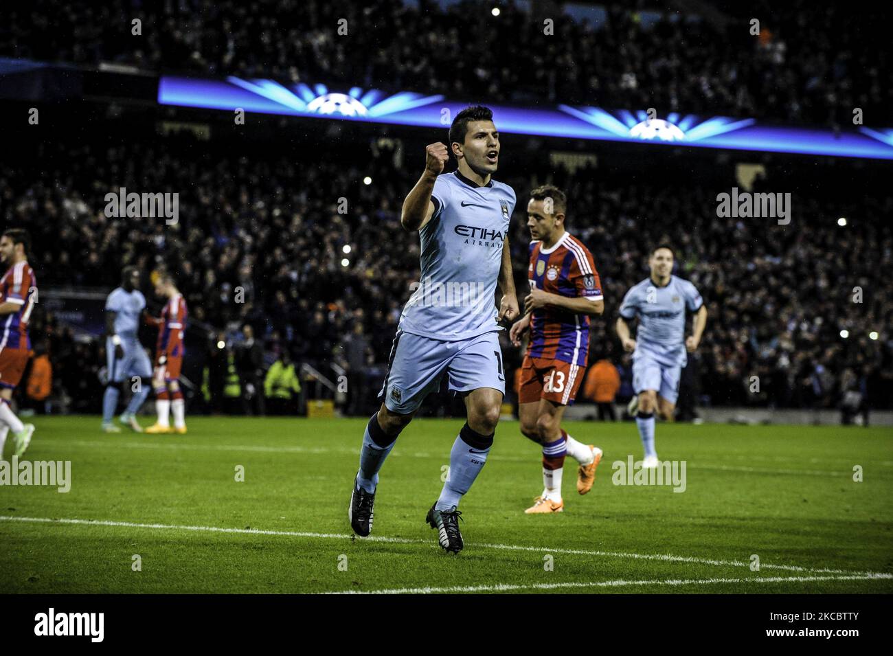Man City forward Sergio Aguero celebrates opening the scoring during the UEFA Champions League, Group E match between Manchester City & Bayern Munich at the Etihad Stadium in Manchester on Wednesday November 25th 2014. (Photo by MI News/NurPhoto) Stock Photo