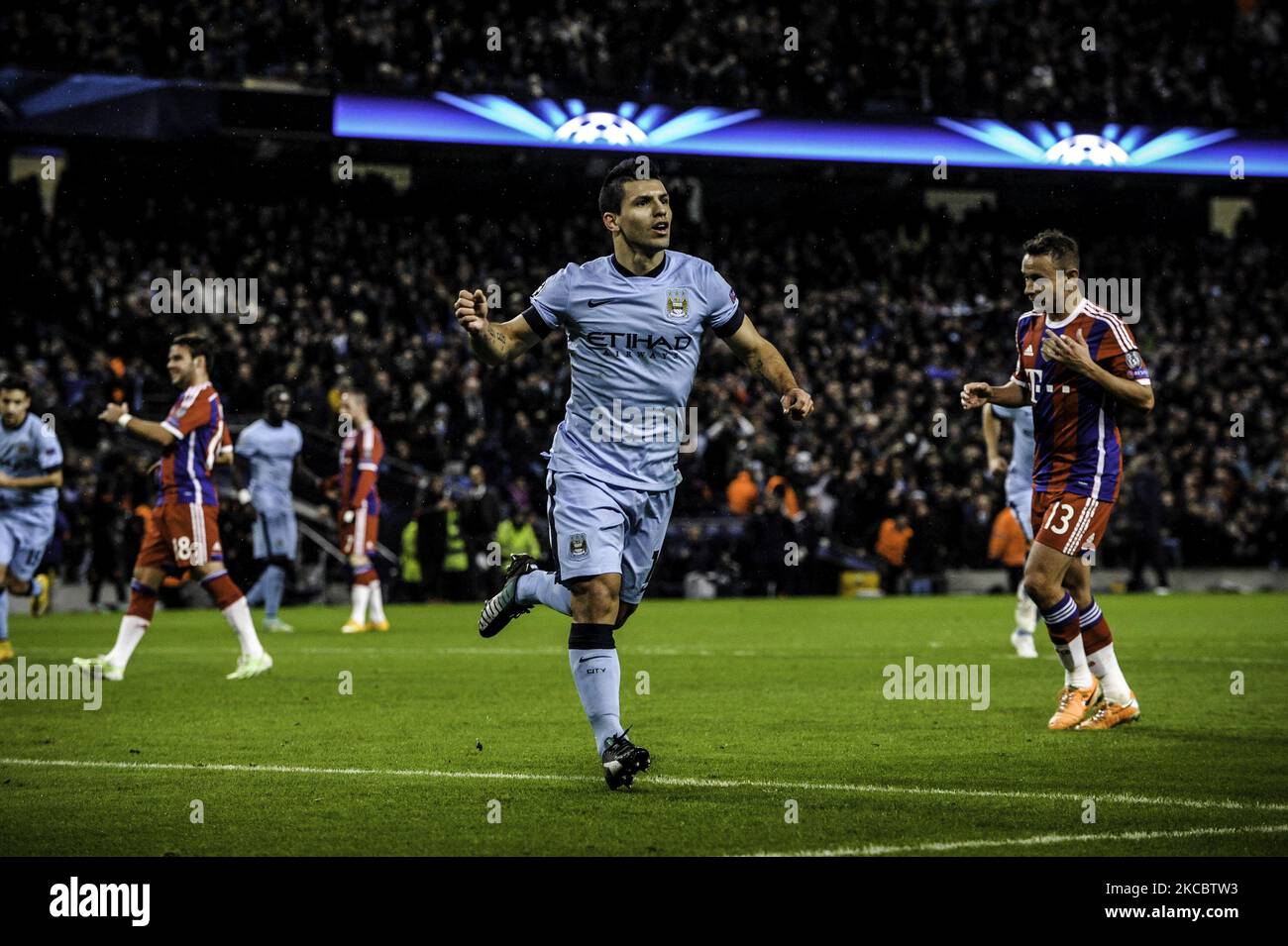 Man City forward Sergio Aguero celebrates opening the scoring during the UEFA Champions League, Group E match between Manchester City & Bayern Munich at the Etihad Stadium in Manchester on Wednesday November 25th 2014. (Photo by MI News/NurPhoto) Stock Photo