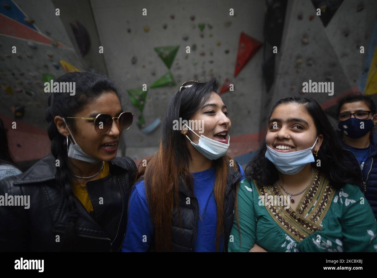 Visually impaired girls arrive to climb wall in Astrek Climbing wall at