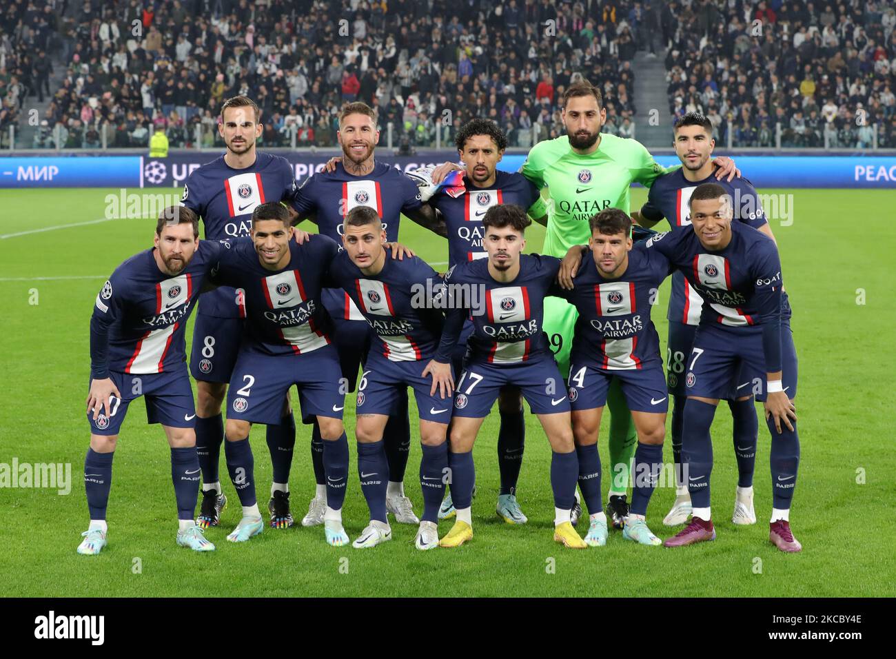 Turin, Italy, 2nd November 2022. The PSG starting eleven line up for a team photo prior to kick off, back row ( L to R ); Fabian Ruiz, Sergio Ramos, Marquinhos, Gianluigi Donnarumma and Carlos Soler, front row ( L to R ); Lionel Messi, Achraf Hakimi, Marco Verratti, Vitinha, Juan Bernat and Kylian Mbappe, in during the UEFA Champions League match at Allianz Stadium, Turin. Picture credit should read: Jonathan Moscrop / Sportimage Stock Photo