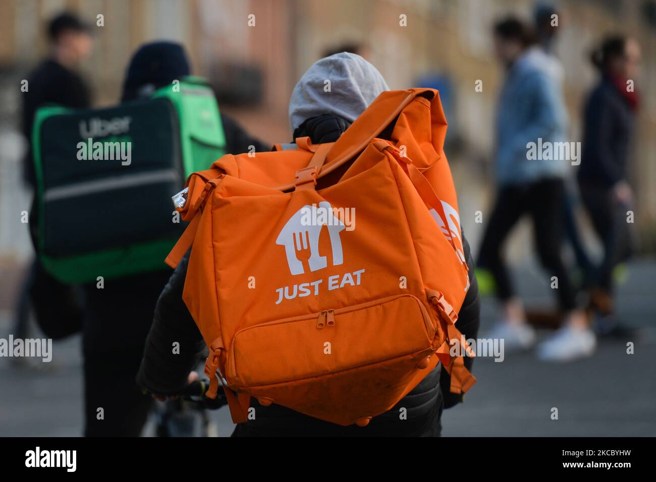 Just Eat and Uber Eats curriers seen in Portobello area of Dublin during Level 5 Covid-19 lockdown. On Thursday, April 1, 2021, in Dublin, Ireland. (Photo by Artur Widak/NurPhoto) Stock Photo