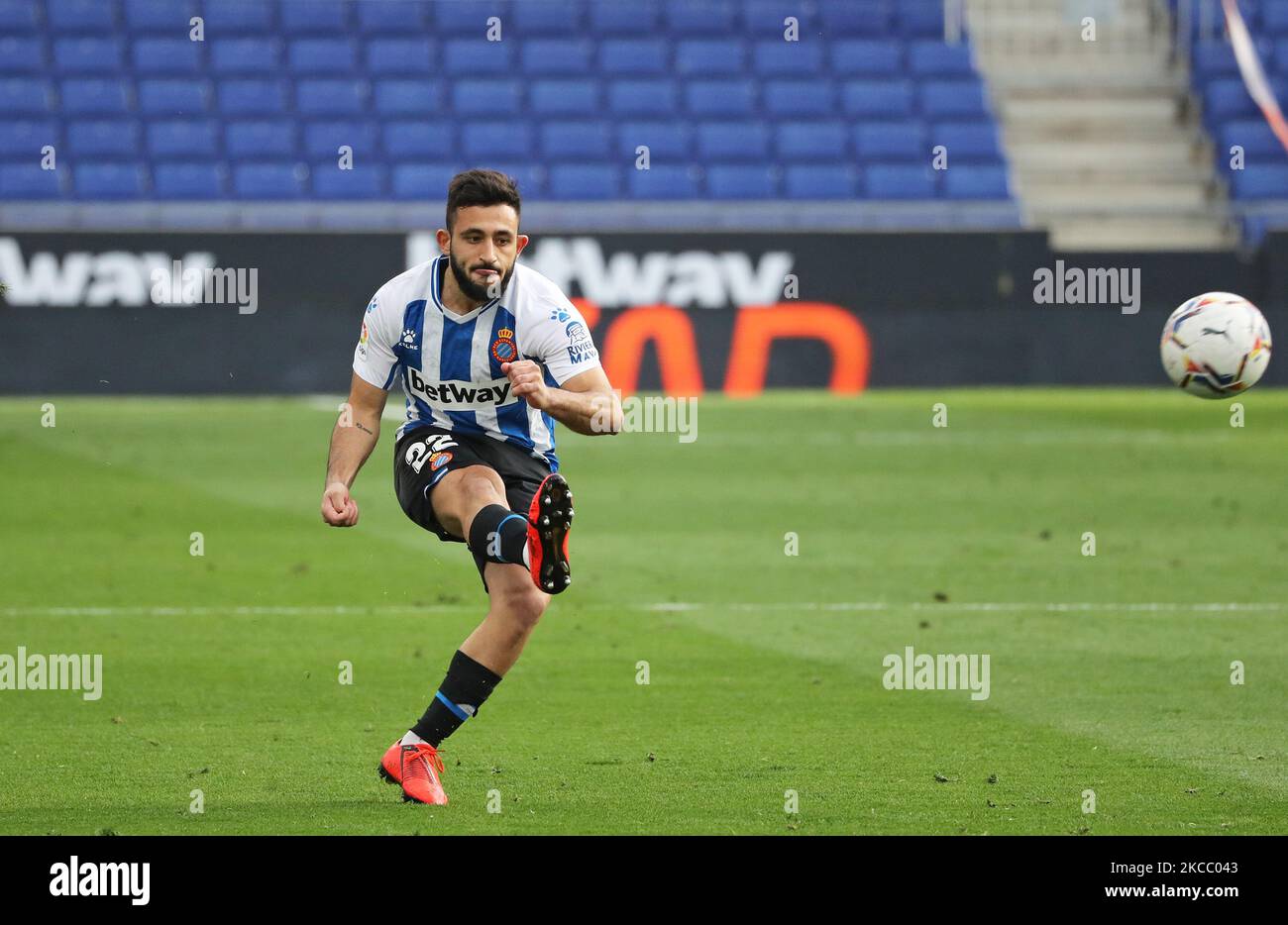 Matias Vargas during the match between RCD Espanyol and FC Fuenlabrada, corresponding to the week 32 of the Liga Smartbank, played at the RCDE Stadium on 01st April 2021, in Barcelona, Spain. -- (Photo by Urbanandsport/NurPhoto) Stock Photo