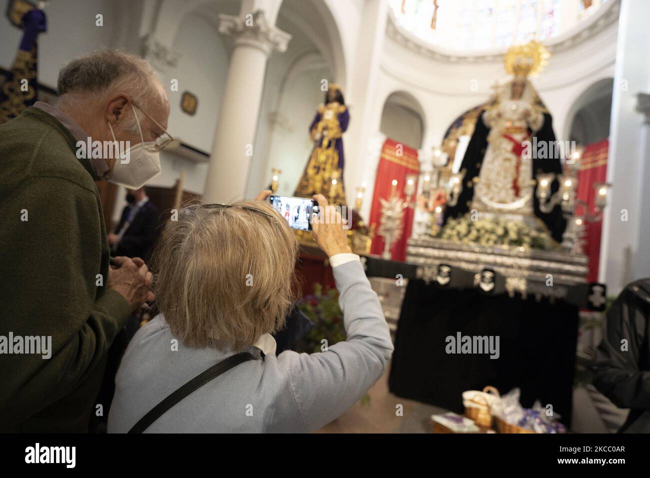 The processional altar of the image of the Cristo de Medinaceli is found in the Baslica de Jess de Medinaceli in Madrid (Spain), on March 30, 2021. Unlike last year, there were no processions or masses at Easter , this year there will be no processions to avoid crowds and coronavirus infections, but there will be liturgical acts in churches and parishes. In addition, the brotherhoods and brotherhoods will exhibit the images of their holders in the temples where they are based. (Photo by Oscar Gonzalez/NurPhoto) Stock Photo