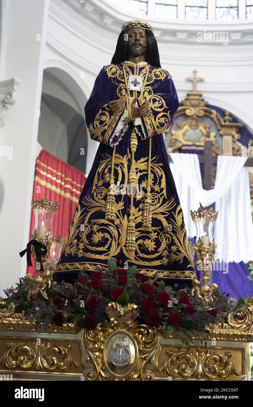 The processional altar of the image of the Cristo de Medinaceli is found in the Baslica de Jess de Medinaceli in Madrid (Spain), on March 30, 2021. Unlike last year, there were no processions or masses at Easter , this year there will be no processions to avoid crowds and coronavirus infections, but there will be liturgical acts in churches and parishes. In addition, the brotherhoods and brotherhoods will exhibit the images of their holders in the temples where they are based. (Photo by Oscar Gonzalez/NurPhoto) Stock Photo