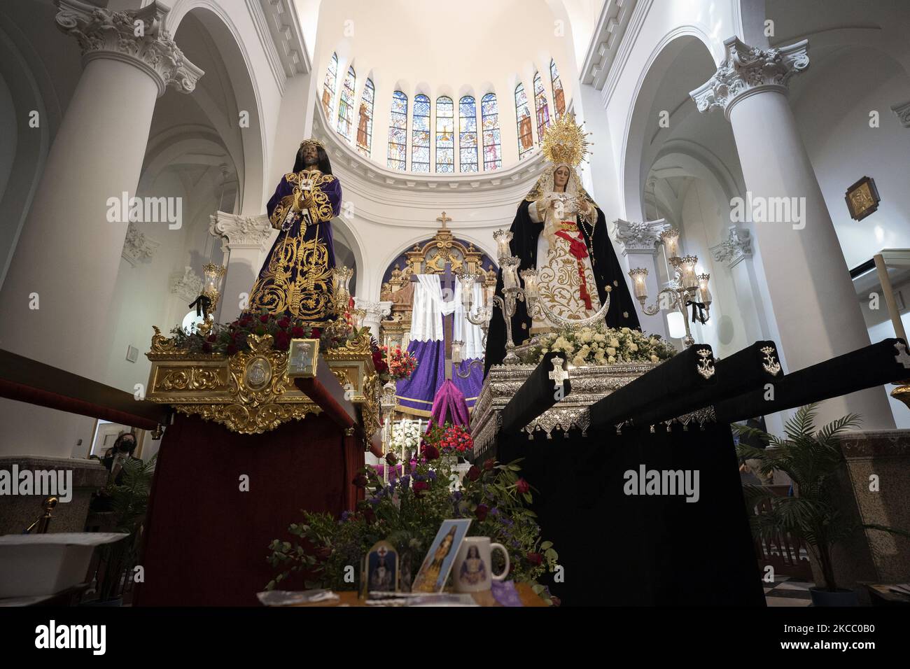 The processional altar of the image of the Cristo de Medinaceli is found in the Baslica de Jess de Medinaceli in Madrid (Spain), on March 30, 2021. Unlike last year, there were no processions or masses at Easter , this year there will be no processions to avoid crowds and coronavirus infections, but there will be liturgical acts in churches and parishes. In addition, the brotherhoods and brotherhoods will exhibit the images of their holders in the temples where they are based. (Photo by Oscar Gonzalez/NurPhoto) Stock Photo