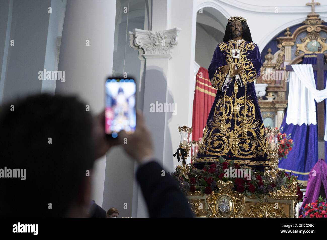 The processional altar of the image of the Cristo de Medinaceli is found in the Baslica de Jess de Medinaceli in Madrid (Spain), on March 30, 2021. Unlike last year, there were no processions or masses at Easter , this year there will be no processions to avoid crowds and coronavirus infections, but there will be liturgical acts in churches and parishes. In addition, the brotherhoods and brotherhoods will exhibit the images of their holders in the temples where they are based. (Photo by Oscar Gonzalez/NurPhoto) Stock Photo