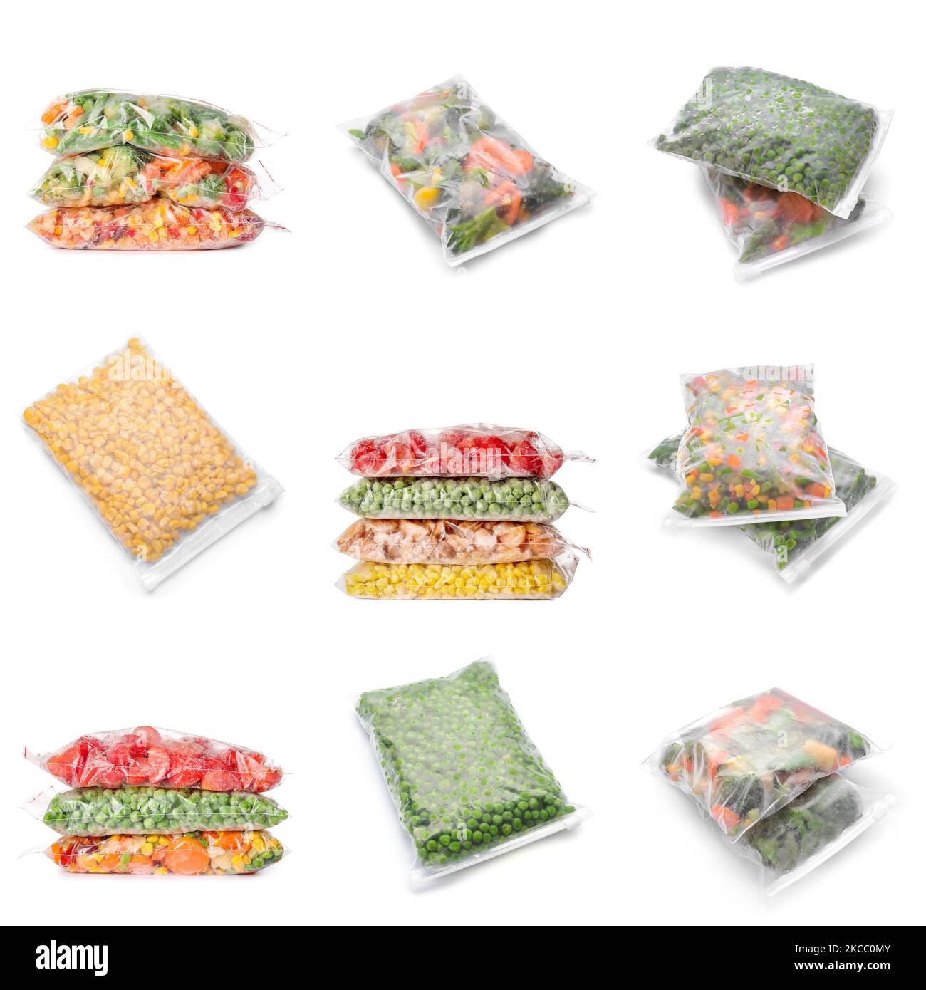 Group of plastic bags with frozen vegetables on white background Stock Photo Alamy