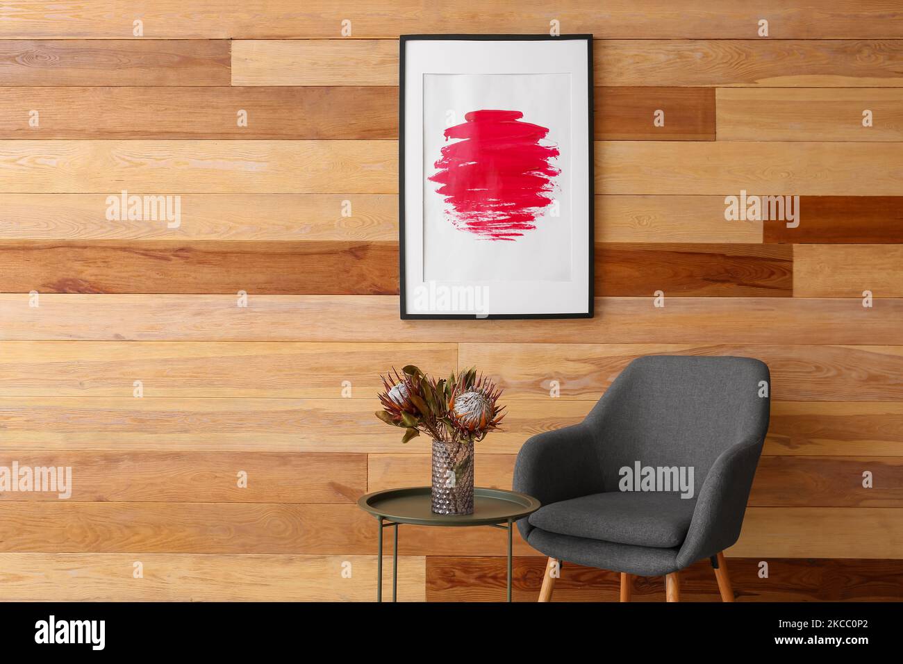 Creative picture of Japanese flag on wooden wall in interior of room Stock Photo
