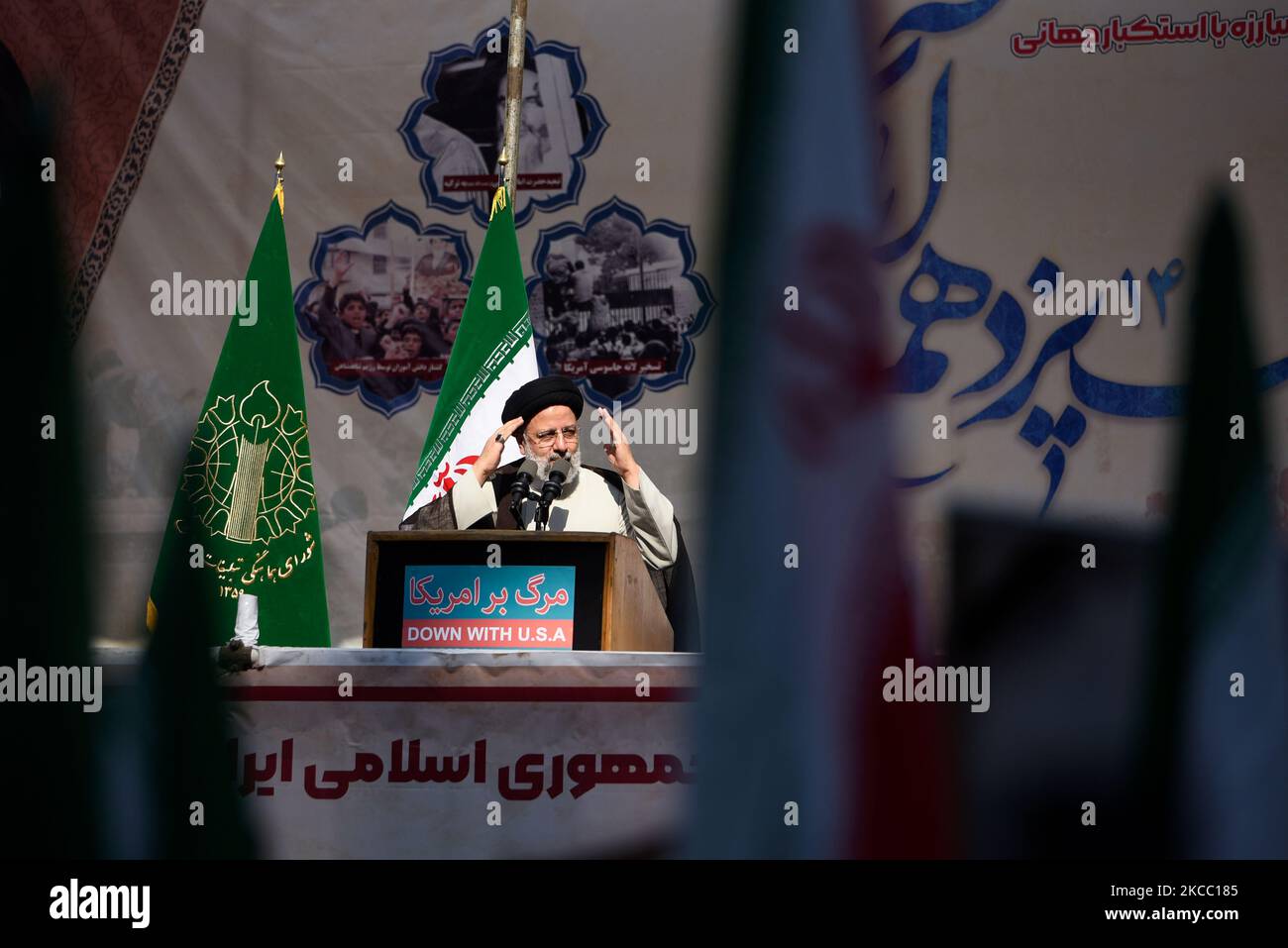 Tehran, Iran. 4th Nov, 2022. Iranian President Ebrahim Raisi addresses the crowd during an annual demonstration in front of the former U.S. Embassy in Tehran, Iran, Friday, Nov. 4, 2022. Iran on Friday marked the 1979 takeover of the U.S. Embassy in Tehran as its theocracy faces nationwide protests after the death of a 22-year-old woman earlier arrested by the country's morality police. (Credit Image: © Sobhan Farajvan/Pacific Press via ZUMA Press Wire) Credit: ZUMA Press, Inc./Alamy Live News Stock Photo