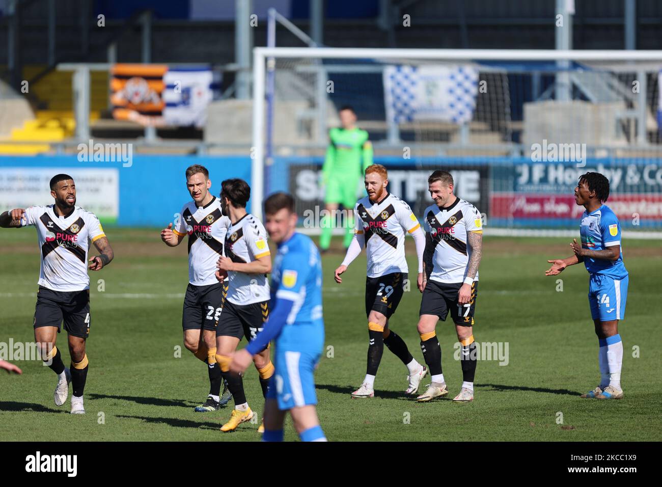 Scot Bennett of Newport County scores his team's first goal during the SkyBet League 2 match between Barrow and Newport County at the Holker Street Stadium, Barrow-in-Furness, on Friday 2nd April 2021. (Photo by Pat Scaasi/MI News/NurPhoto) Stock Photo