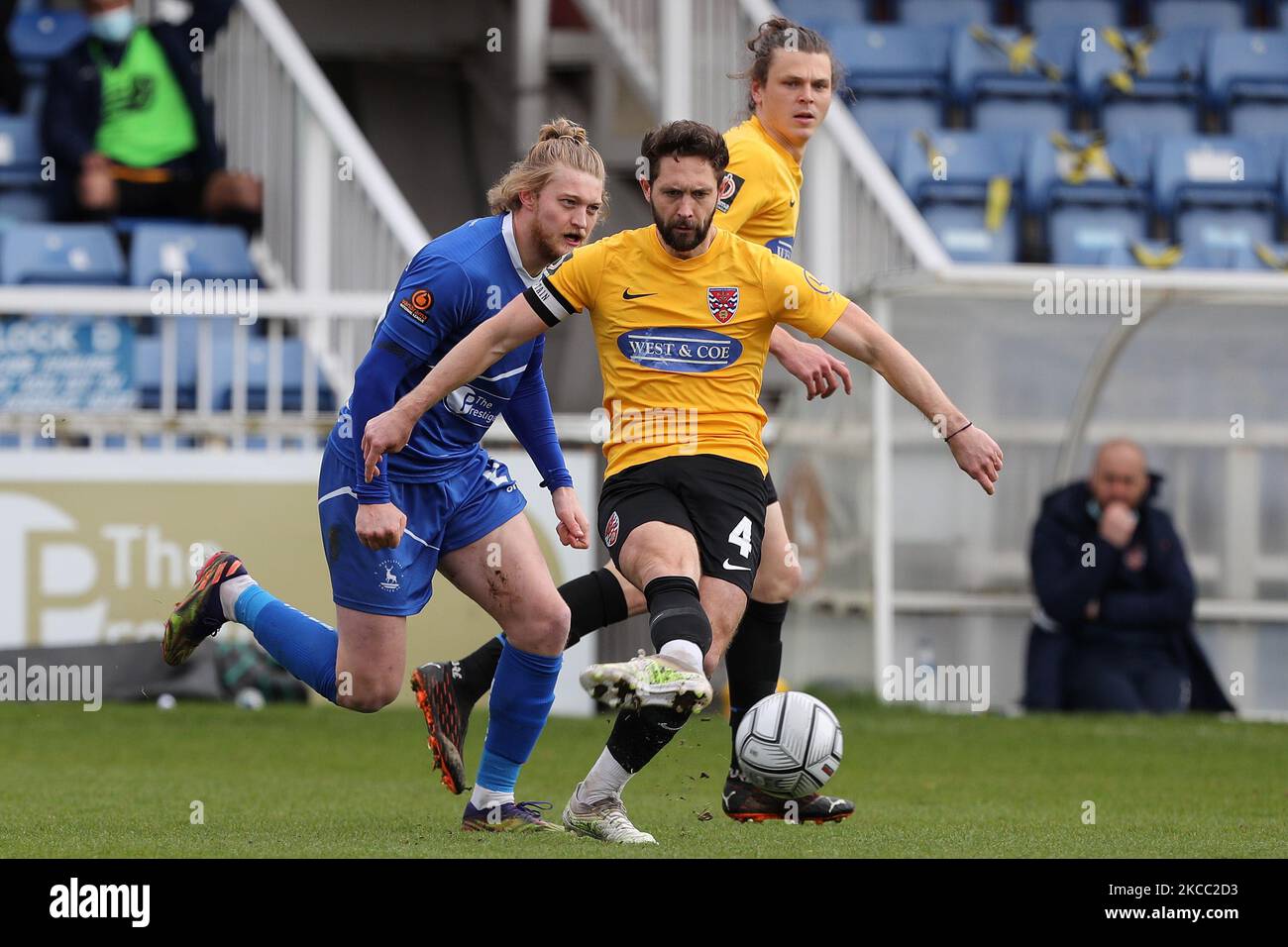 :Dean Rance of Dagenham in action with Hartlepool United's Luke Armstrong during the Vanarama National League match between Hartlepool United and Dagenham and Redbridge at Victoria Park, Hartlepool on Friday 2nd April 2021. (Photo by Mark Fletcher/MI News/NurPhoto) Stock Photo