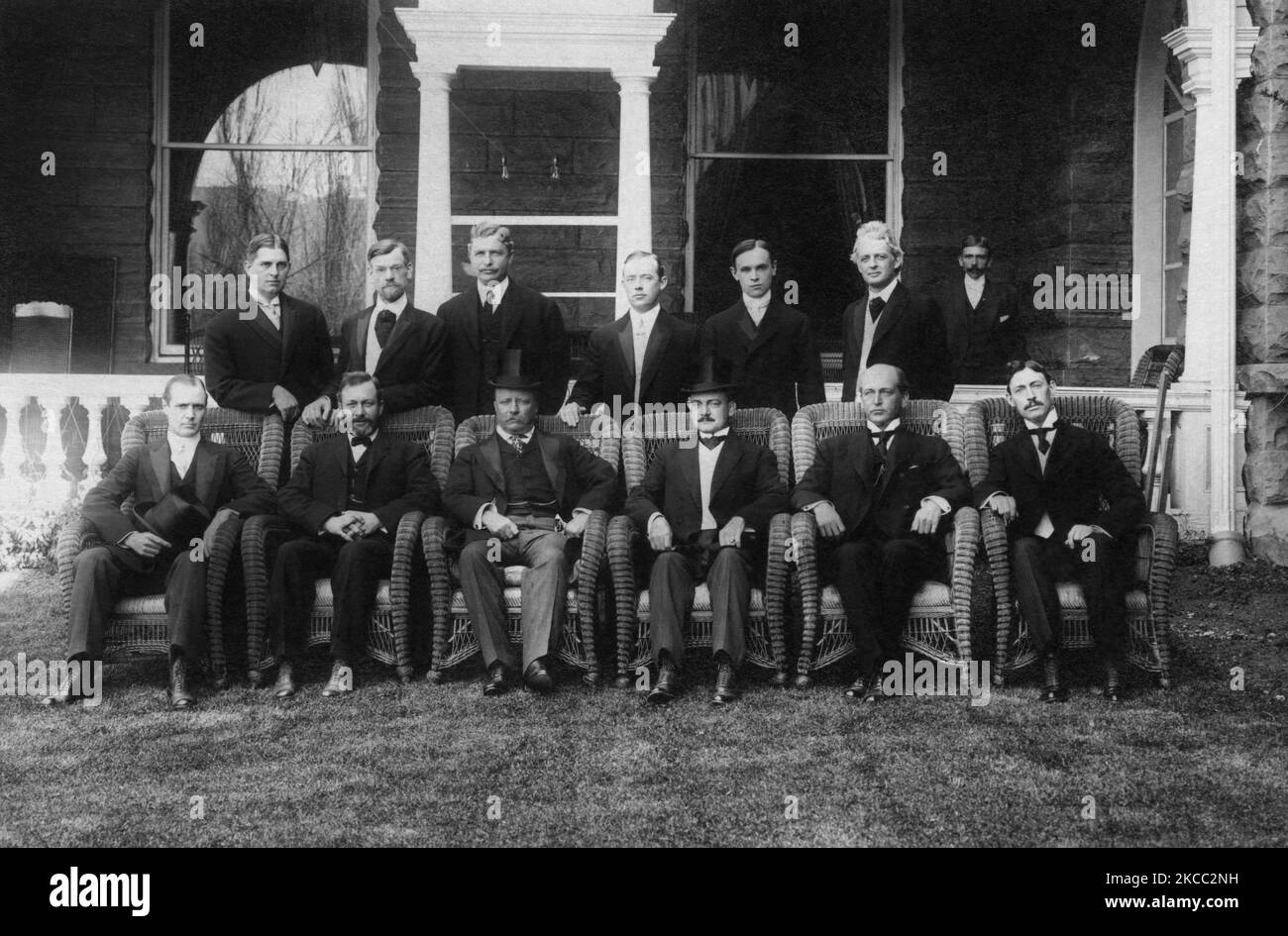 Group portrait of Theodore Roosevelt with close friends during a hunting trip in 1905. Stock Photo