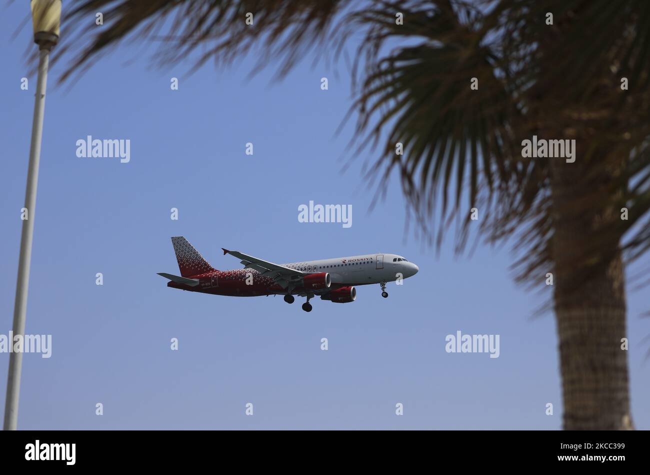 A Rossiya Airlines plane is landing at Larnaca airport. Cyprus, Saturday, April 3, 2021. Cyprus opened its borders to Russian tourists from April 1 without the mandatory 14-day quarantine. The Ministry of Health of the republic has officially included Russia in the list of countries whose citizens will be allowed to enter the island. (Photo by Danil Shamkin/NurPhoto) Stock Photo