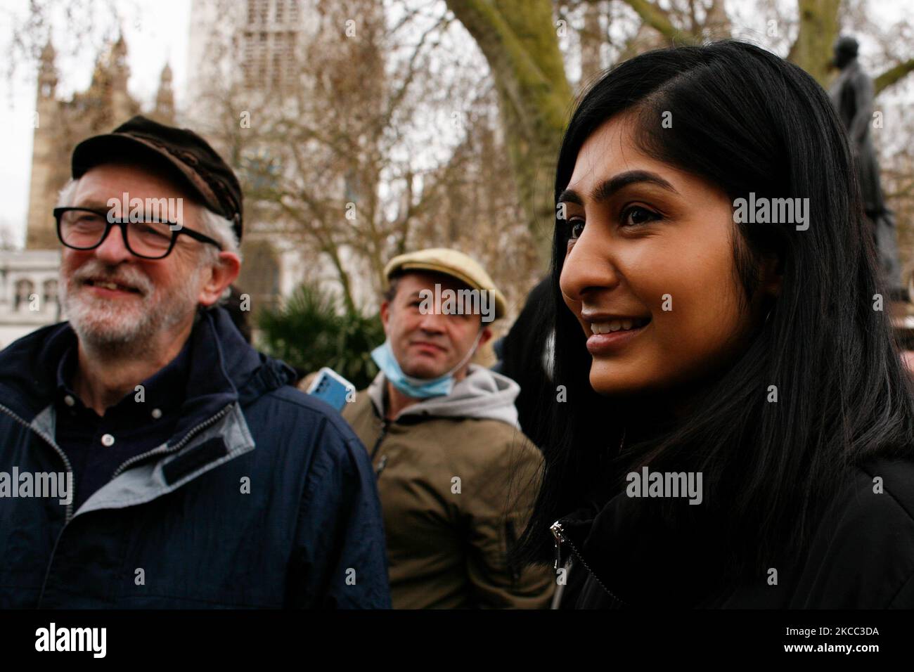 Zarah Sultana (R), Labour Party MP for Coventry South, stands with former Labour Party leader Jeremy Corbyn (L), MP for Islington North, as they prepare to address activists demonstrating against proposed new police powers set out in the government's Police, Crime, Sentencing and Courts Bill at a 'Kill the Bill' protest in Parliament Square London, England, on April 3, 2021. The bill, which is currently at the 'committee stage' of its passage through the House of Commons, would allow police to impose more conditions on static protests in England and Wales, including fixed start and finish time Stock Photo