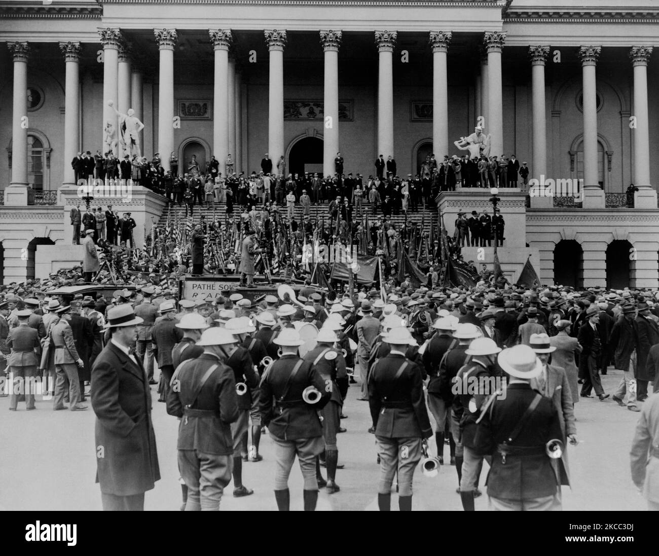 A large crowd of members of the Bonus Expeditionary Forces on the east plaza of the U.S. Capitol, 1932. Stock Photo