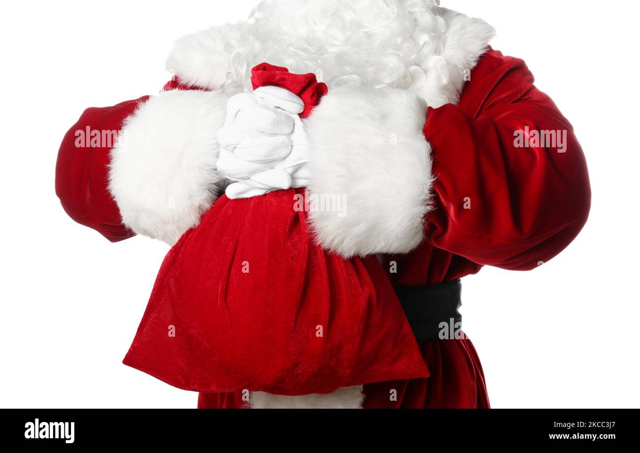 Santa Claus with red bag on white background Stock Photo - Alamy
