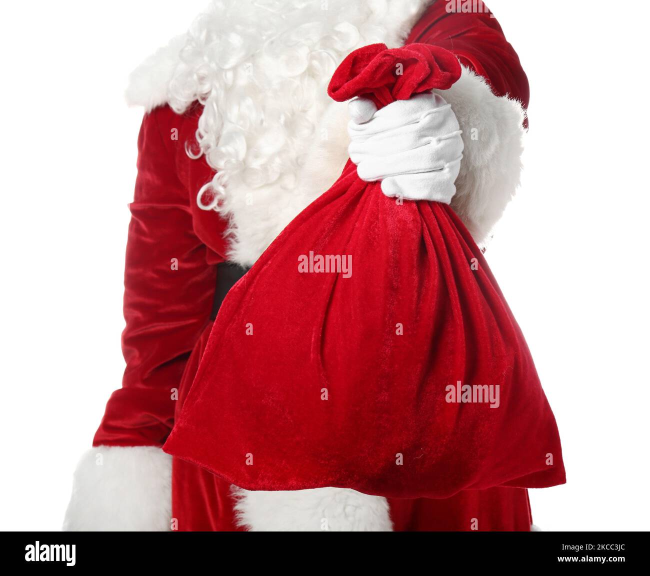 Santa Claus with red bag on white background Stock Photo - Alamy