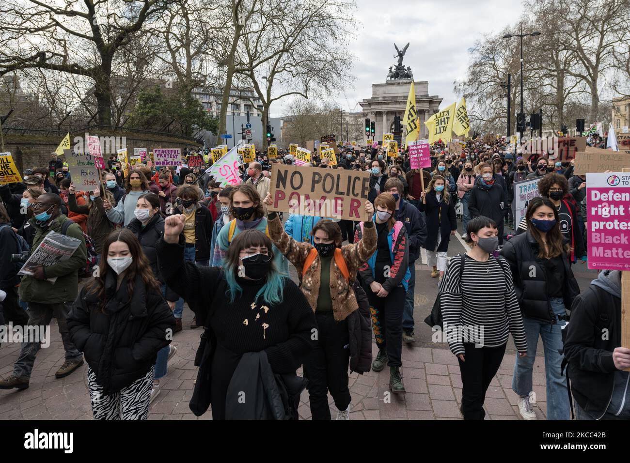 LONDON, UNITED KINGDOM - APRIL 03, 2021: Demonstrators march through central London in a protest against government’s Police, Crime, Sentencing and Courts Bill, which would give officers and the Home Secretary new powers to impose conditions on protests and public processions, on 03 April, 2021 in London, England. The demonstration is part of a national day of action with protests happening across the UK. (Photo by WIktor Szymanowicz/NurPhoto) Stock Photo