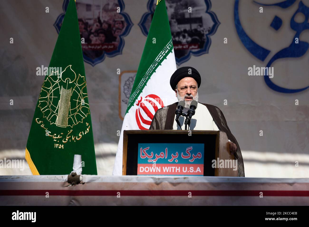 Tehran, Iran. 4th Nov, 2022. Iranian President Ebrahim Raisi addresses the crowd during an annual demonstration in front of the former U.S. Embassy in Tehran, Iran, Friday, Nov. 4, 2022. Iran on Friday marked the 1979 takeover of the U.S. Embassy in Tehran as its theocracy faces nationwide protests after the death of a 22-year-old woman earlier arrested by the country's morality police. (Credit Image: © Sobhan Farajvan/Pacific Press via ZUMA Press Wire) Credit: ZUMA Press, Inc./Alamy Live News Stock Photo