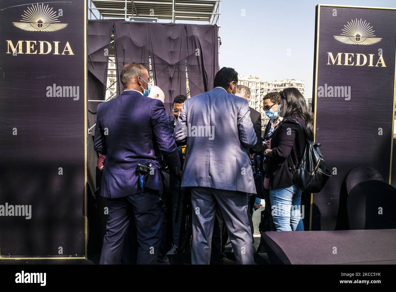 Security personnel is checking the credentials of the Media members that will cover the ''Pharaohs’ Golden Parade'' in Cairo, Egypt on April 3, 2021 (Photo by Vassilis A. Poularikas/NurPhoto) Stock Photo