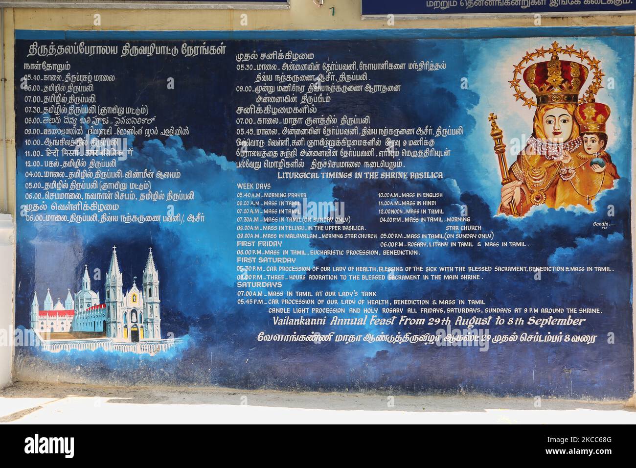 Sign detailing information for the annual Feast at the Annai Velankanni Church (Basilica of Our Lady of Good Health) in Velankanni, Tamil Nadu, India. (Photo by Creative Touch Imaging Ltd./NurPhoto) Stock Photo