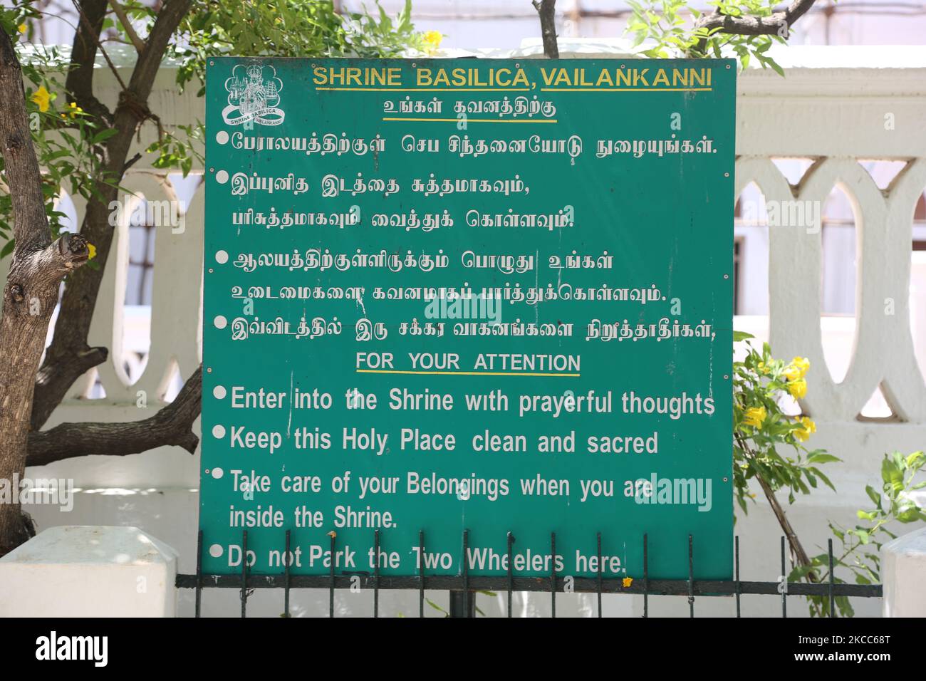 Sign detailing the rules to be followed at the Annai Velankanni Church (Basilica of Our Lady of Good Health) in Velankanni, Tamil Nadu, India. (Photo by Creative Touch Imaging Ltd./NurPhoto) Stock Photo