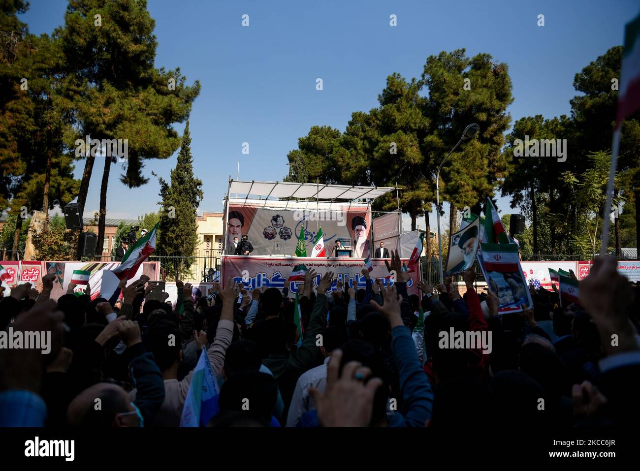 Tehran, Iran. 4th Nov, 2022. Iranian President Ebrahim Raisi addresses the crowd during an annual demonstration in front of the former U.S. Embassy in Tehran, Iran, Friday, Nov. 4, 2022. Iran on Friday marked the 1979 takeover of the U.S. Embassy in Tehran as its theocracy faces nationwide protests after the death of a 22-year-old woman earlier arrested by the country's morality police. (Credit Image: © Sobhan Farajvan/Pacific Press via ZUMA Press Wire) Credit: ZUMA Press, Inc./Alamy Live News Stock Photo